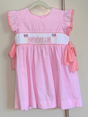 Stitchy Fish Birthday Girl Dress Pink Gingham Smocked Size 5